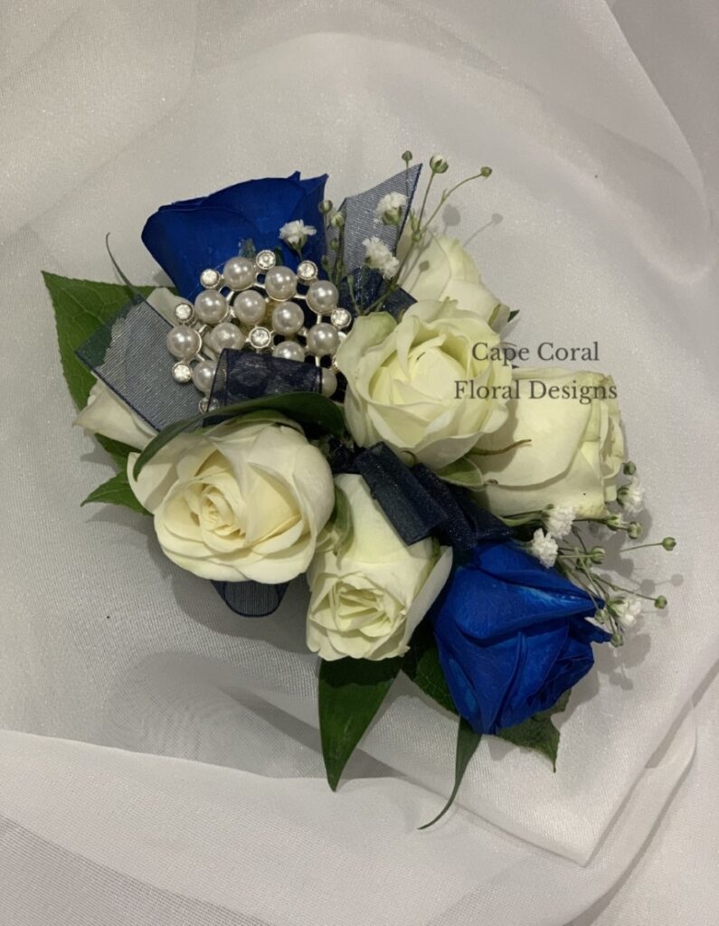White & Blue Spray Rose HM Corsage