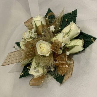 White Spray Rose Corsage Gold Ribbon