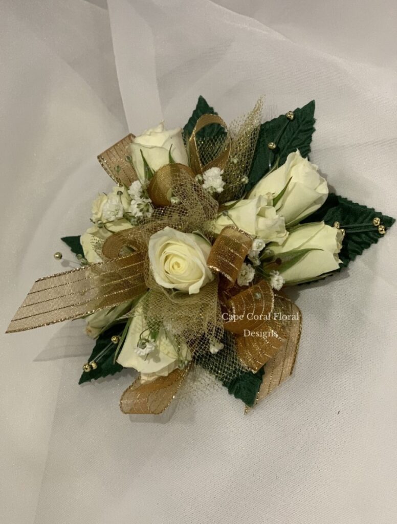 White Spray Rose Corsage Gold Ribbon