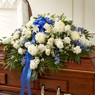 Blue & White Cherished  Rose Casket Spray