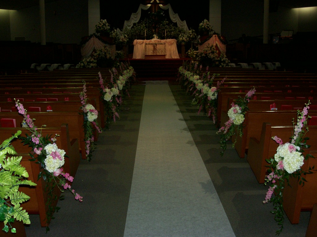 White Hydrangea and Pink Rose Pew Bows