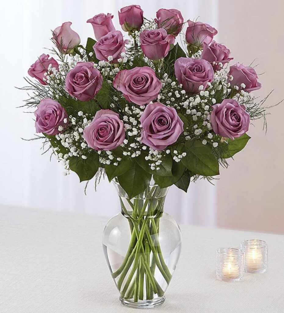 Elegance 18 Long Stem Purple Roses with Baby's Breath