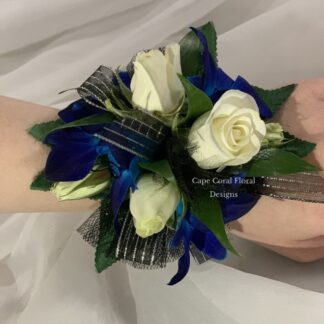 White Spray Rose & Blue Boms Corsage