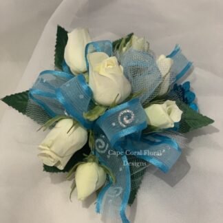White Spray Rose Corsage Blue Ribbon