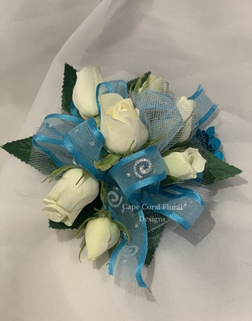 White Spray Rose Corsage Blue Ribbon