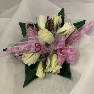White Spray Rose Corsage Pink Ribbon