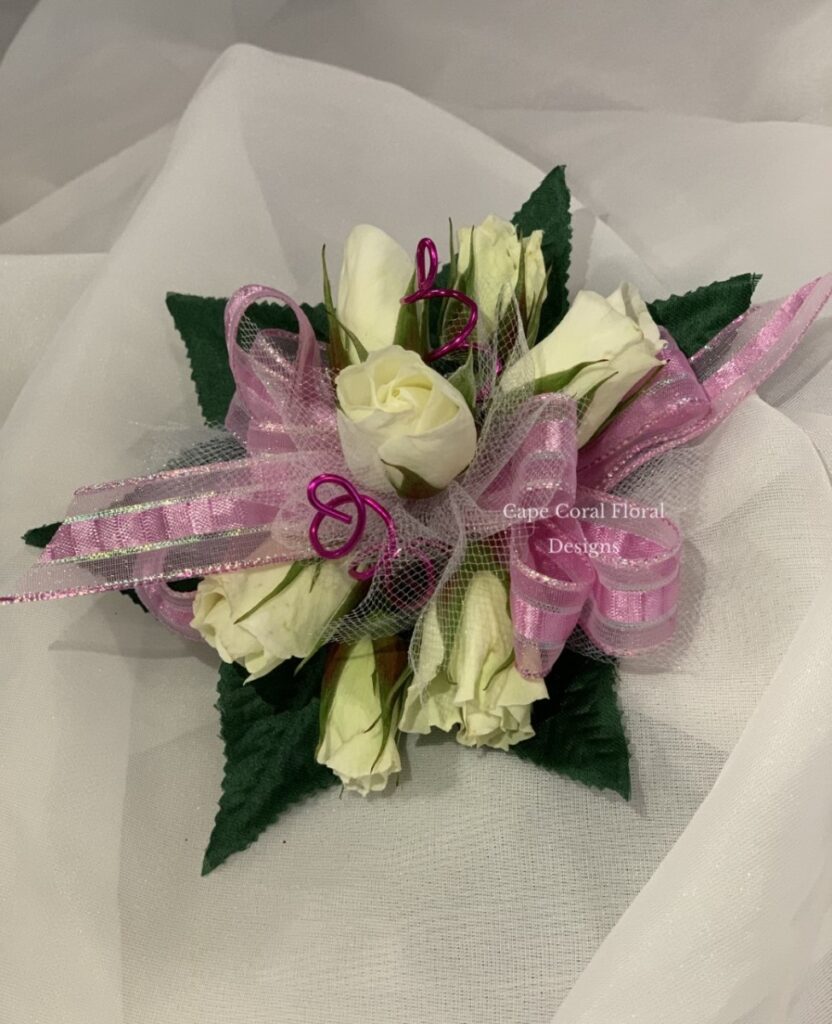 White Spray Rose Corsage Pink Ribbon