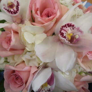 Hydrangea,  Rose and Cymbidium Orchid Bouquet.