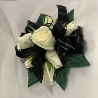 White Spray Rose Corsage Black Ribbon