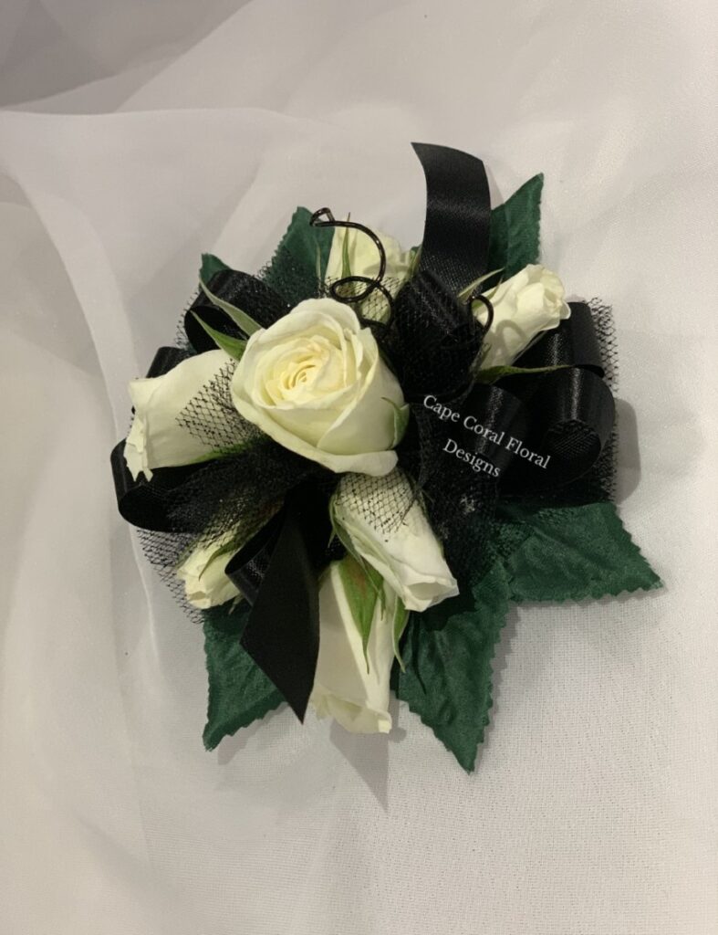 White Spray Rose Corsage Black Ribbon